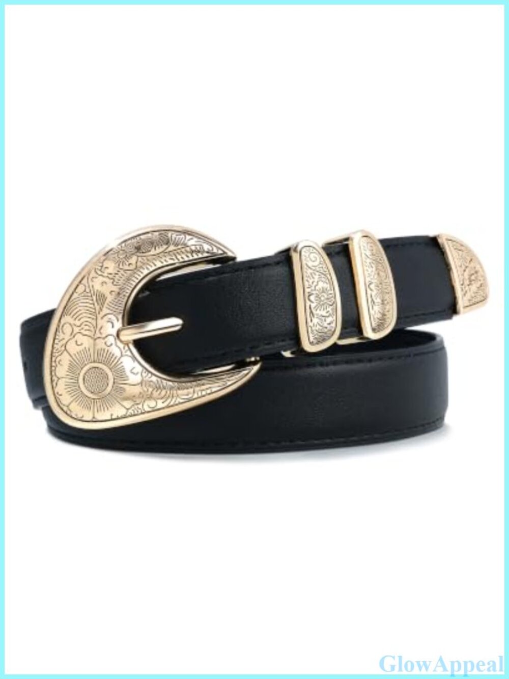 Western Belt Leather Faux Engraved Gold Buckle Floral Jeans Dress